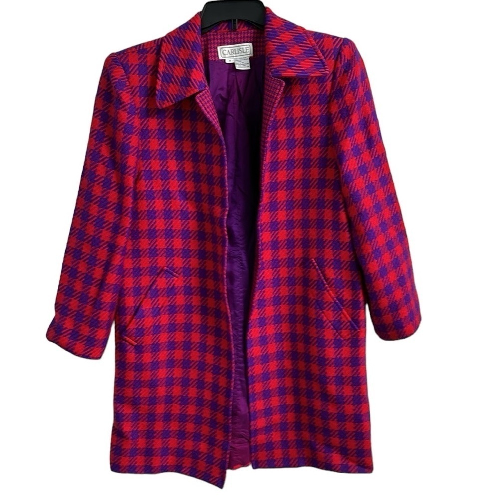 Carlisle Vintage Houndstooth Wool Plaid Long Coat Red Purple Size 6 - Picture 12 of 13